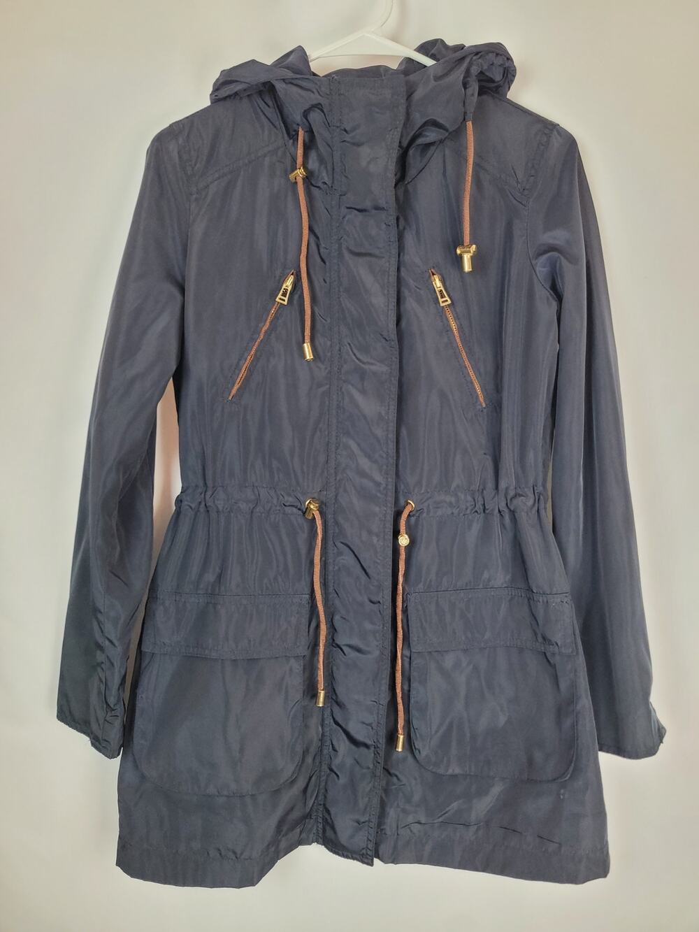 Zara Basic Hooded Raincoat Utility Field Jacket Coat Navy Womens Size XS